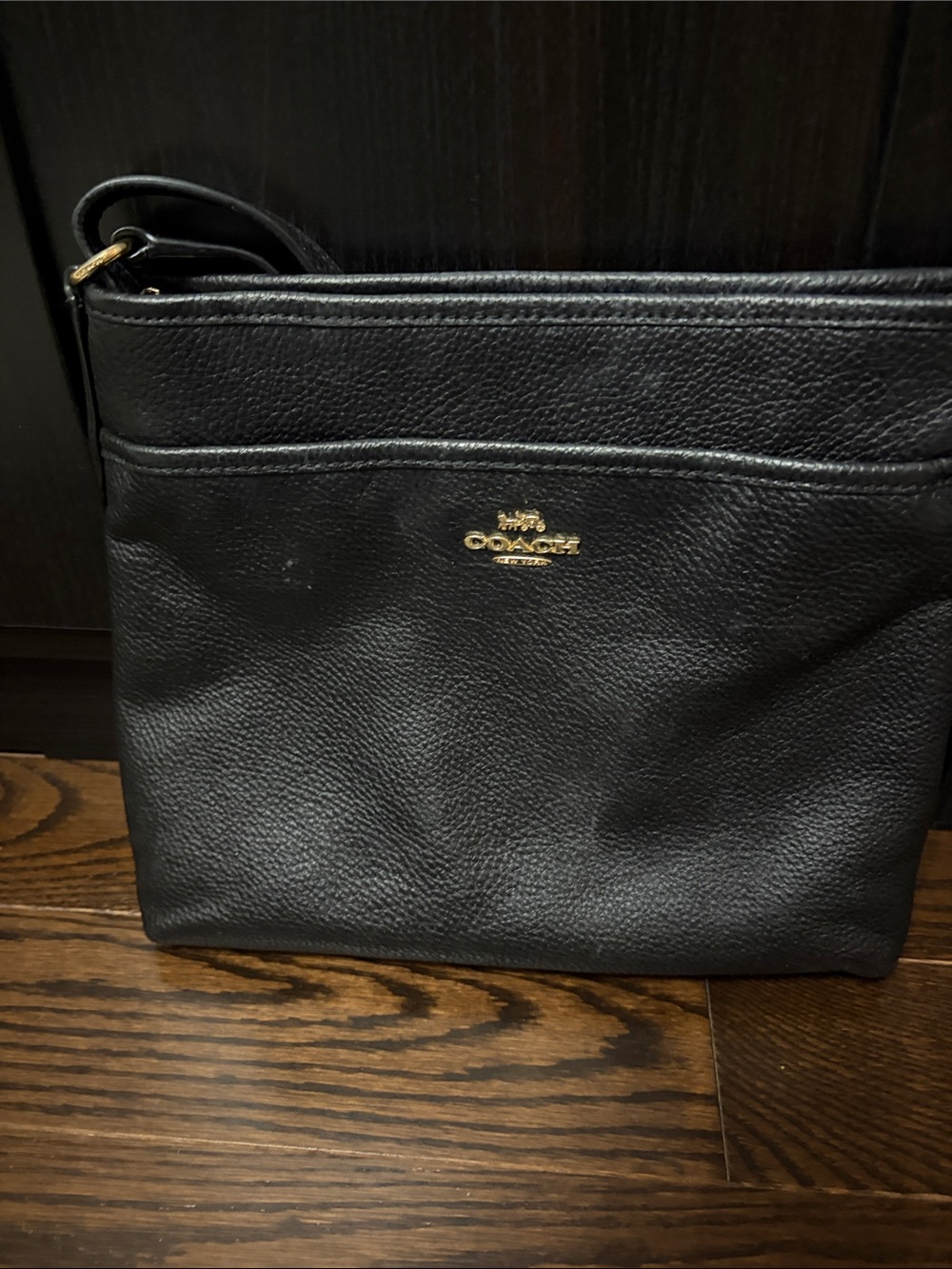 Coach Black Pebbled Leather Messenger with Gold Logo-as is.